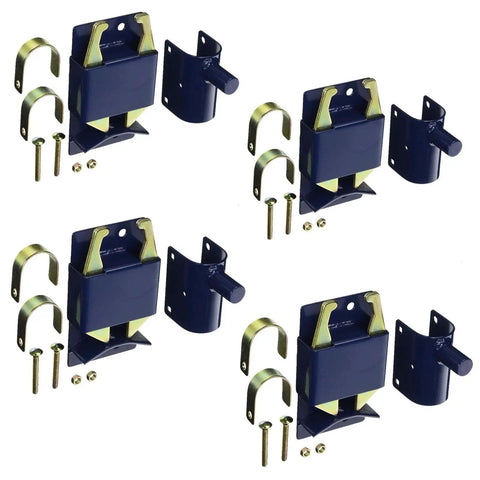 Heavy Duty 4 Pack Small Blue Lockable Gate Latch For Cattle Fences Featuring A Straight Up Reliable Two Way Security Lock And Super Tough Farm Hardware That Locks Things Down Secure hardware kit laid out with latches and screws.