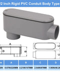 2 Pack 1-1/2 Inch Rigid PVC Conduit Body Type LB Slip X Slip With Cover And Gasket Gray for 90 Degree Turns, with dimensions