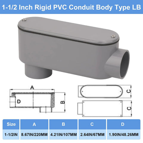 2 Pack 1-1/2 Inch Rigid PVC Conduit Body Type LB Slip X Slip With Cover And Gasket Gray for 90 Degree Turns, with dimensions