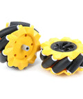 Mecanum wheel pair, 80mm diameter, yellow with black rubber rollers for DIY robot car.