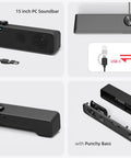 HiFi Computer Soundbar For Desktop PC And Mac USB Plug In Wired External Speakers With RGB Gaming Lights HD Stereo Punchy Bass Volume Knob
