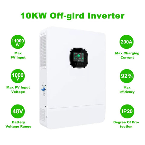10KW Off-grid Inverter features 11000W max PV input, 200A charging, 48V battery range for Heavy Hitter 30kw Off Grid Solar System Complete Kit.