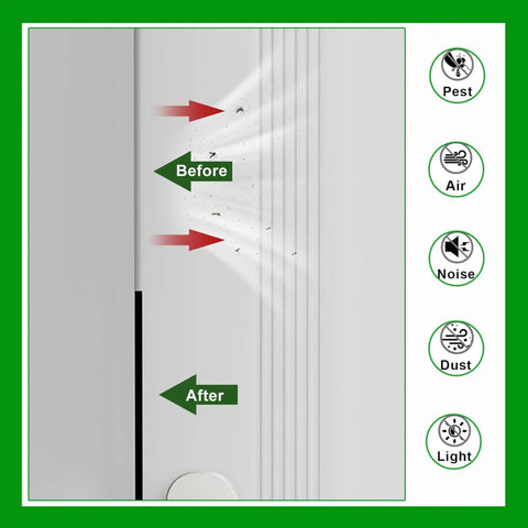 Heavy Duty Black Weather Stripping Door Seal With Super Strong Self Adhesive High Density Foam Tape For Windows And Doors showing before and after blocking drafts.