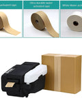 Automatic Electric Water Activated Tape Dispenser High Speed Gummed Paper Tape Machine With Precision Cutter next to various tapes and a boxed package.