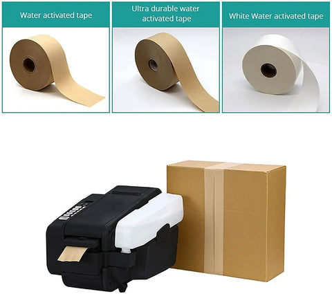 Automatic Electric Water Activated Tape Dispenser High Speed Gummed Paper Tape Machine With Precision Cutter next to various tapes and a boxed package.