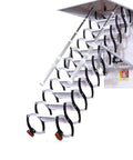 Heavy Duty Retractable Telescoping Attic Ladder Featuring Smooth Electric Pull Down Motor And Built Tough Quality Steel Frame For No Sweat Indoor Loft Access, view showing steps and handles.