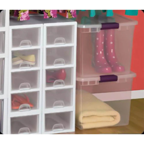Heavy Duty Clear Plastic Storage Totes With Secure Latching Lids Hella Sturdy Bulk Bin Bundle For Home And Office Clutter Busting Tight Seal Stops Dust And Bugs Top shelf storage with transparent bins for shoes and blankets.