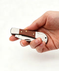 Person holding a Stainless Steel Foldable Knife With Wood Handle And Locking Blade For Hiking And Camping Ultra Portable And Easy To Carry Outdoors