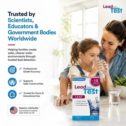 Straight Up Lead Water Test Kit For Tap And Well Water To Check Your Home And Protect Your Fam With 5 Parts Per Billion Detection Sensitivity So You Know What Ya Drinking Is Safe At Home All Year Round with a mother and child using it.