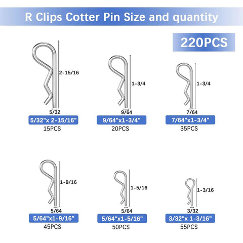 Heavy Duty Zinc Plated R Clips And Cotter Pins Kit, 220 Piece Spring Fastener Assortment with sizes chart for various machines