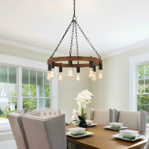 Round Wagon Wheel Chandelier With Eight Lights, Rustic Farmhouse Pendant Fixture in dining room setting, openwork wood frame