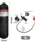 Carbon Fiber 4500 PSI Air Tank 3L With Carrier Bag Dual Gauge Valve For PCP Paintball Rifles And Games, dimensions shown.