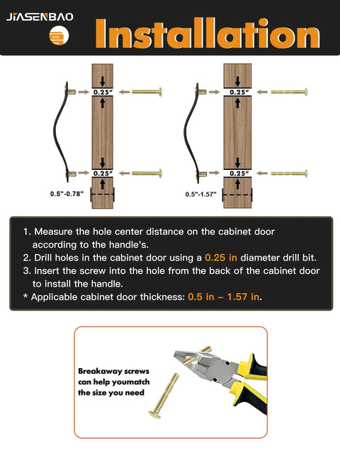 Installation guide for Black Leather Drawer Pulls 6 Pack 6.3 Inch Long Handles with measurements and screw instructions.
