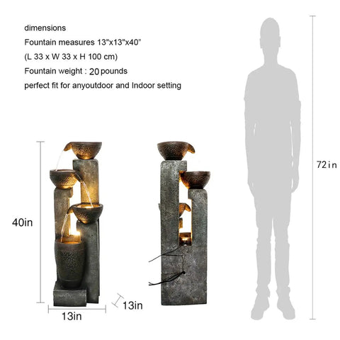 Outdoor 40 Inch Water Fountain With LED Lights 4 Tier Crocks Waterfall Decor For Garden Patio Deck Porch Backyard Vibe Decor Weather Resistant Polyresin Indoor Or Outdoor Water Feature, grey and brown, 40 inches tall