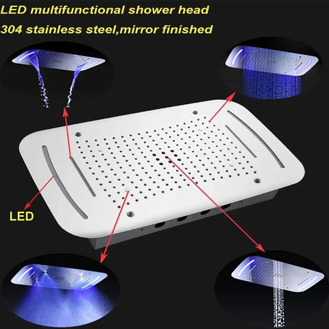 Zero Fuss Ceiling Mount Shower Panel 17 By 28 Inch With Thermostatic Valve And Rain Curtain Spray showing LED multifunctional shower head.
