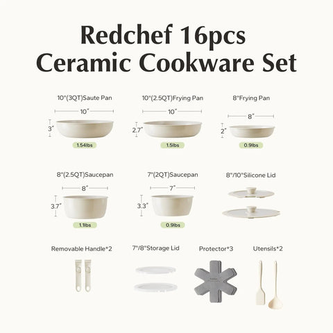 Ceramic Cookware Set With Detachable Handles, No Teflon Nonstick Pots And Pans, 16 Piece, PFAS PFOA PTFE Free, product overview.