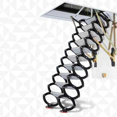Built Like A Tank Attic Ladder With Remote Switch Ceiling Pull Down Staircase telescoping alloy frame showing smooth glide and sturdy steps.