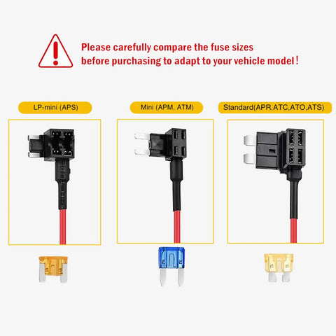 Front view of three different 12V Add A Circuit Fuse Tap Adapter For Car Cigarette Lighter With 3.3 Ft 1 m 18 AWG Cable And Fuse Holder sizes.