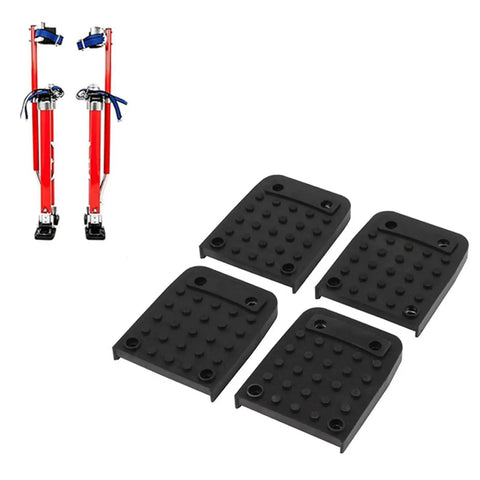 Anti Slip Rubber Stilt Pads with 4 Durable Soles and 16 Screws for Rock Solid Stability, shown next to red drywall stilts.