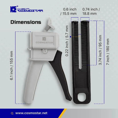 Mixing And Dispensing Gun For 50ml Epoxy Cartridges With 1 To 1 Or 1 To 2 Ratios, Compact size dimensions labeled
