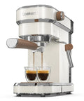 Straight Up Solid Espresso Machine For Home With 20 Bar Pressure Pump And Built In Milk Frother Steam Wand. Two espresso shots brewing.