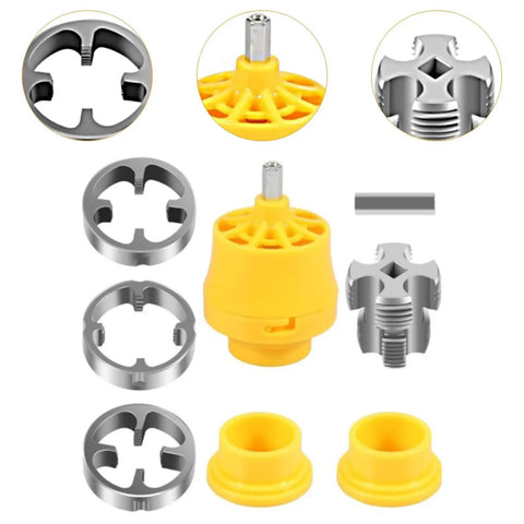 PVC Pipe Threader Set With Dies For One Half Three Quarters And One Inch Pipe Tap Die Kit Hand Tool For Plumbing DIY Pros Includes External Threader Dies And Internal Thread Opener For Quick Clean Threads, yellow and silver dies