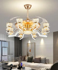 Eight Head K9 Crystal Ceiling Fan Light With Zero Hassle Remote Controlled Tricolor LED Glow And Quiet Spinning Blades in stylish living room.