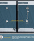 Before and after installation of Retrofit Shower System With 6 Function Handheld Sprayer And 8 Inch Rain Shower Head, Polished Chrome.
