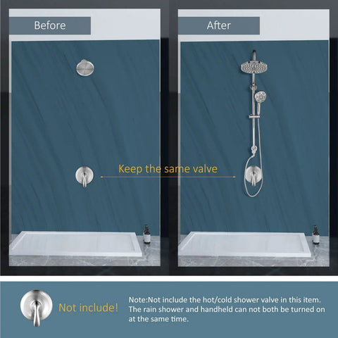 Before and after installation of Retrofit Shower System With 6 Function Handheld Sprayer And 8 Inch Rain Shower Head, Polished Chrome.