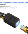 RJ45 Cat6 Ethernet Extender Coupler Female To Female High Speed Network Cable Joiner For Extending Length Copper Gold Plated Contacts For Strong Signal Fast Data Transmission Easy Plug And Play black coupler joining two Ethernet cables