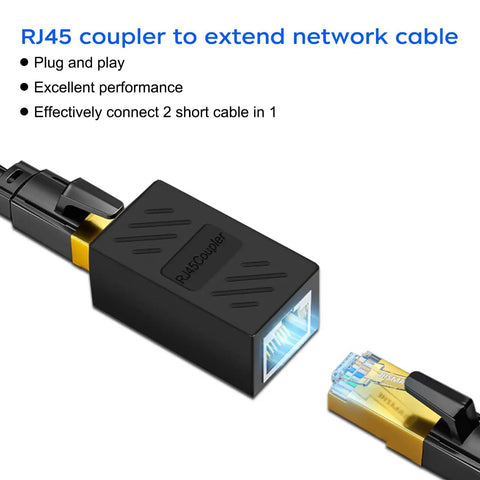 RJ45 Cat6 Ethernet Extender Coupler Female To Female High Speed Network Cable Joiner For Extending Length Copper Gold Plated Contacts For Strong Signal Fast Data Transmission Easy Plug And Play black coupler joining two Ethernet cables