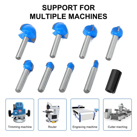 Box Router Bit Set 8 Pc Solid Carbide 1/4 Inch Shank Woodworking Bits With 1/4 To 1 Inch Round Nose Double Flute for Half Round Grooves