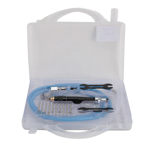 Heavy Duty Air Powered Pencil Die Grinder With 70000 RPM And 3 MM Collet Built Like A Tank For Grinding Cutting And Shaping Jobs That Kick Butt And Deliver Rock Solid Precision Anywhere On The Shop Floor, in a storage case with tools.