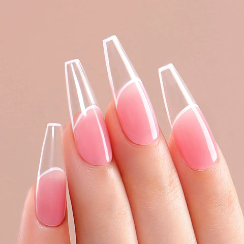 Clear pink nail extensions using HEMA Free Builder Gel Kit With 6 Colors 15ml Each For Nail Extensions showing dual form application.