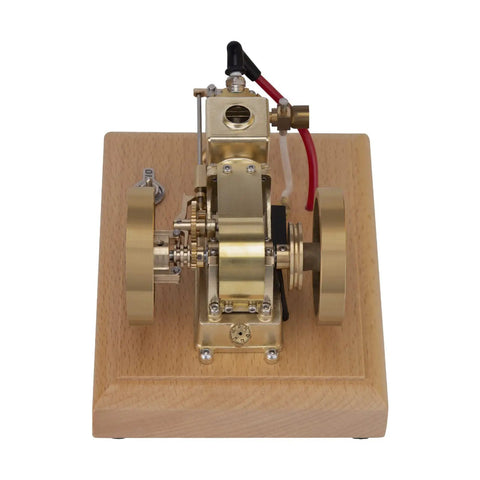 Top Tier Miniature Hit And Miss Engine 1.6cc Horizontal Four Stroke Gasoline Motor, brass engine on solid wood base.