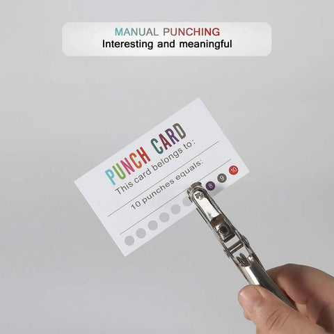 Person holding punch card labeled Punch Card Loyalty Pack Of 200 For Kids And Students Reward Cards For Classroom Behavior Incentives