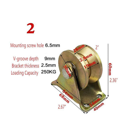 Front view of yellow steel V-groove rigid caster with mounting plate, 2-inch wheel and 250 kg capacity