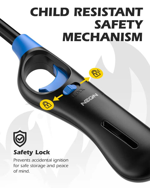 Child-resistant safety lock on Refillable Butane Lighter Set 4-Pack Long-Reach Lighters With Adjustable Soft Flame Visible Fuel Window