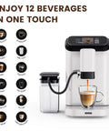 Premium Fully Automatic Coffee Maker Built For Your Daily Grind features 12 drink presets displayed with coffee brewing.