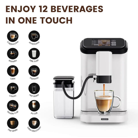Premium Fully Automatic Coffee Maker Built For Your Daily Grind features 12 drink presets displayed with coffee brewing.