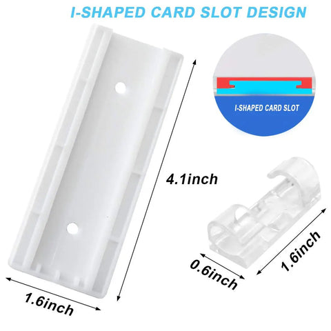 Four Pack Self Adhesive Power Strip Holders Wall Mount Brackets With Sixteen Cable Organizer Clips showing I-shaped card slot design