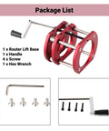 Stainless Steel Router Lift And Table Insert Plate Featuring Rock Solid Four Jaw Clamping Plus Quick Spin Crank Handle for package components.
