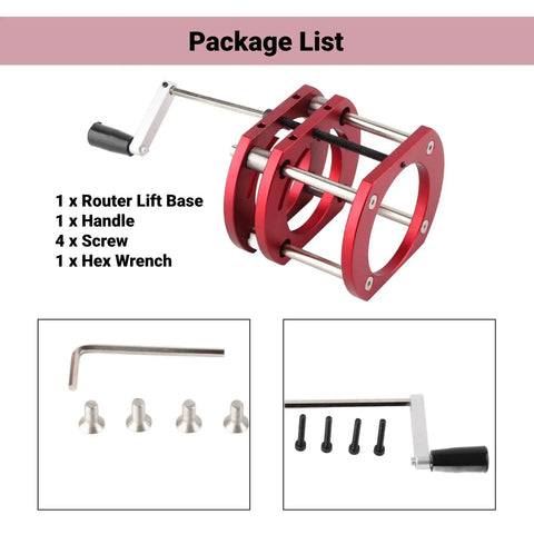 Stainless Steel Router Lift And Table Insert Plate Featuring Rock Solid Four Jaw Clamping Plus Quick Spin Crank Handle for package components.
