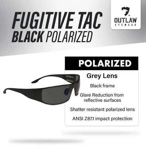 Fugitive TAC Spartan Version 2.5 Photochromic Sunglasses with black frame and grey lenses, shown with features text overlay.