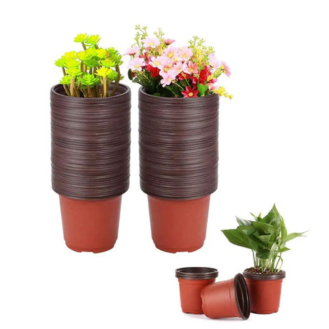 Stack of 100 Count 4 Inch Plastic Seed Starter Pots For Seedlings Cuttings And Transplants, showing flowers and plants.