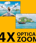 Rugged Waterproof Digital Camera With 50 Feet Depth Rating, 16MP Sensor, 4X Optical Zoom, Shockproof, Dustproof, 1080P Video, Built In WiFi, Yellow, Your Go To Adventure Cam For Underwater Snaps And Quick On The Go Shots showing 4X Zoom capability with scenic island view