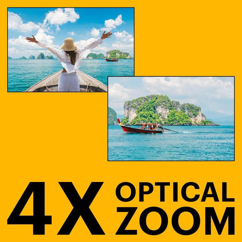 Rugged Waterproof Digital Camera With 50 Feet Depth Rating, 16MP Sensor, 4X Optical Zoom, Shockproof, Dustproof, 1080P Video, Built In WiFi, Yellow, Your Go To Adventure Cam For Underwater Snaps And Quick On The Go Shots showing 4X Zoom capability with scenic island view