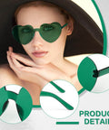 Front view of Heart Shaped Neon Green Sunglasses For Women And Men Unisex Rimless Glasses Lightweight with close-up details