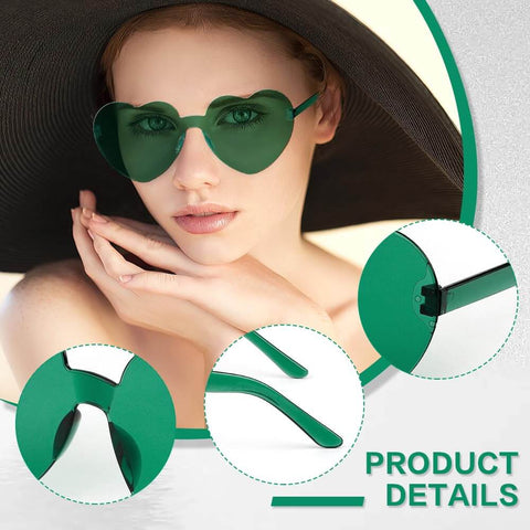 Front view of Heart Shaped Neon Green Sunglasses For Women And Men Unisex Rimless Glasses Lightweight with close-up details
