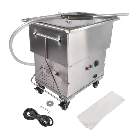 Heavy Duty 370W Commercial Fryer Filter Machine With 18L Oil Filler Cart Truck Separator on wheels with oil hose and stainless steel build.